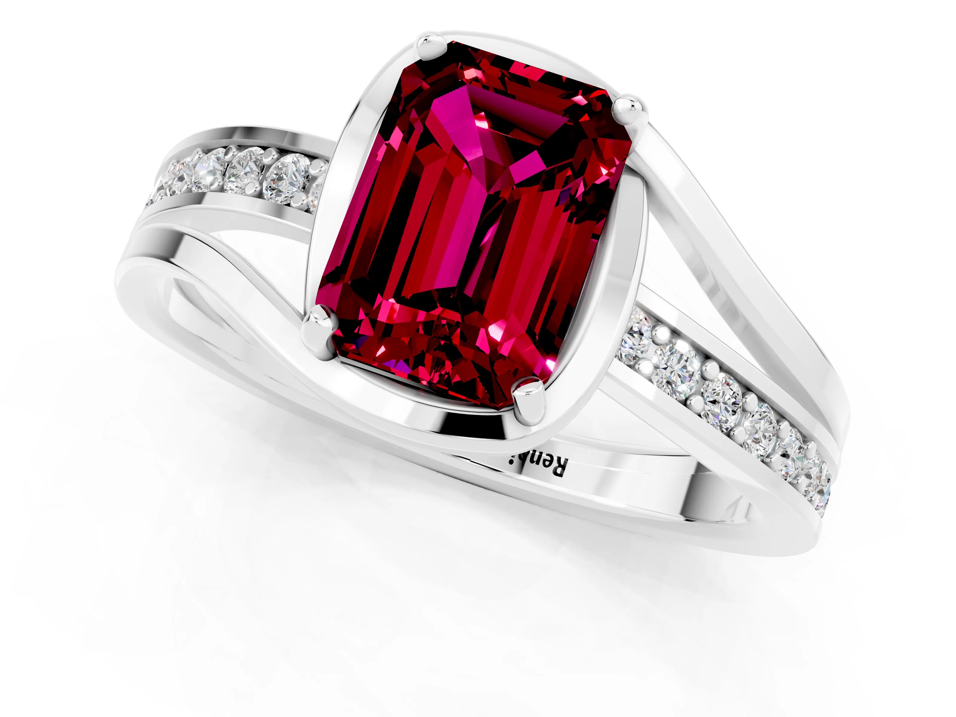 White gold Emerald Cut Garnet Solitaire Ring with Split Shank and Prong Setting_1