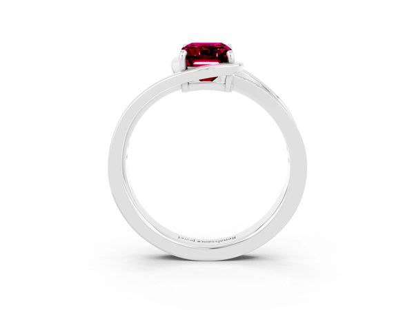 Platinum Emerald Cut Garnet Solitaire Ring with Split Shank and Prong Setting