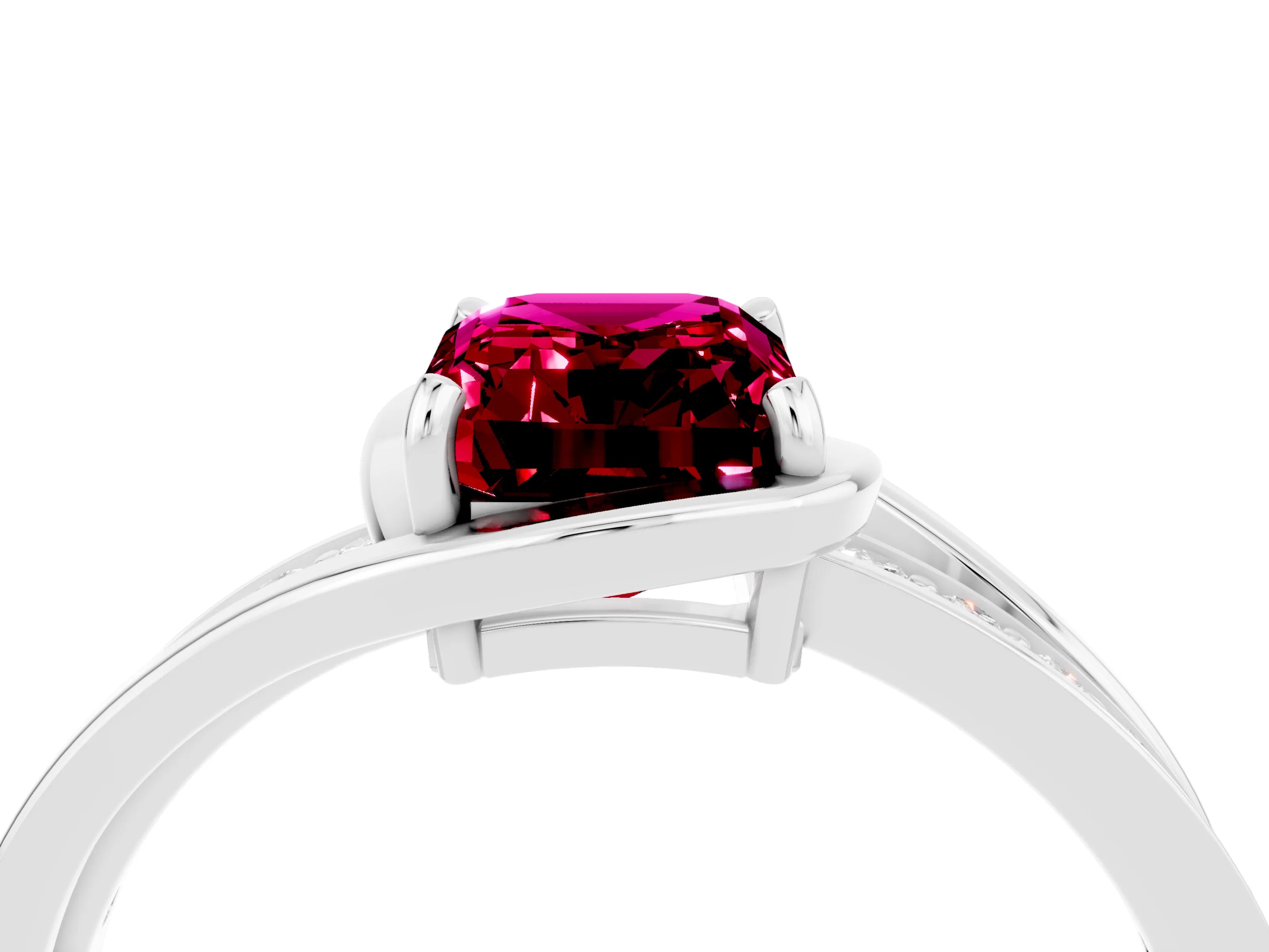 White gold Emerald Cut Garnet Solitaire Ring with Split Shank and Prong Setting_4