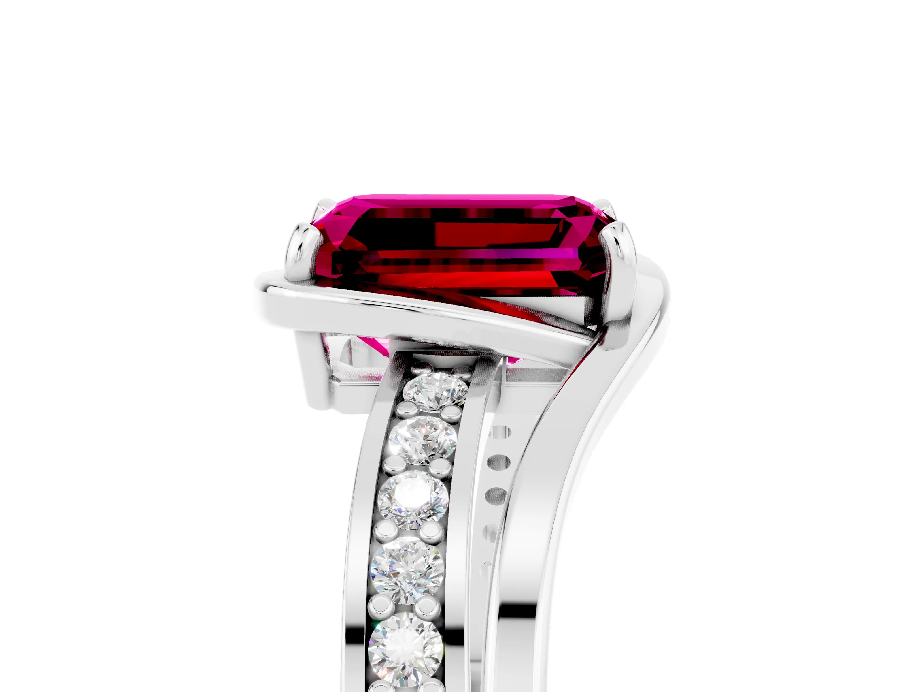 White gold Emerald Cut Garnet Solitaire Ring with Split Shank and Prong Setting_5