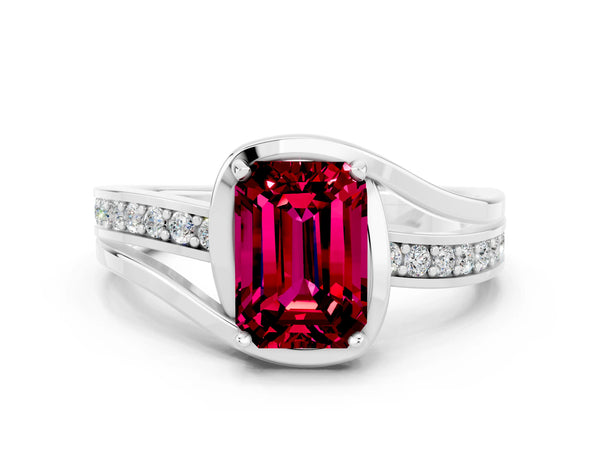 Silver Emerald Cut Garnet Solitaire Ring with Split Shank and Prong Setting