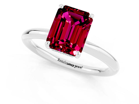 White gold Emerald Cut Garnet Solitaire Ring with Thin Band and Four-Prong Setting_13