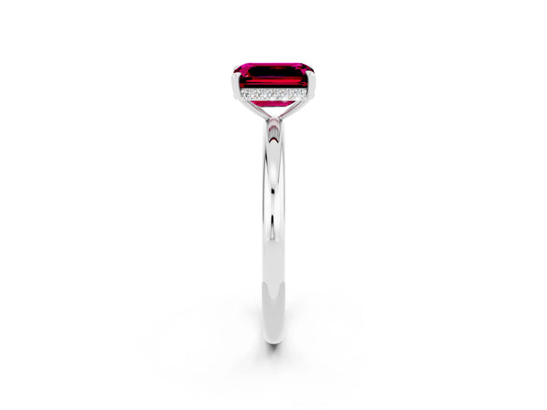 White gold Emerald Cut Garnet Solitaire Ring with Thin Band and Four-Prong Setting