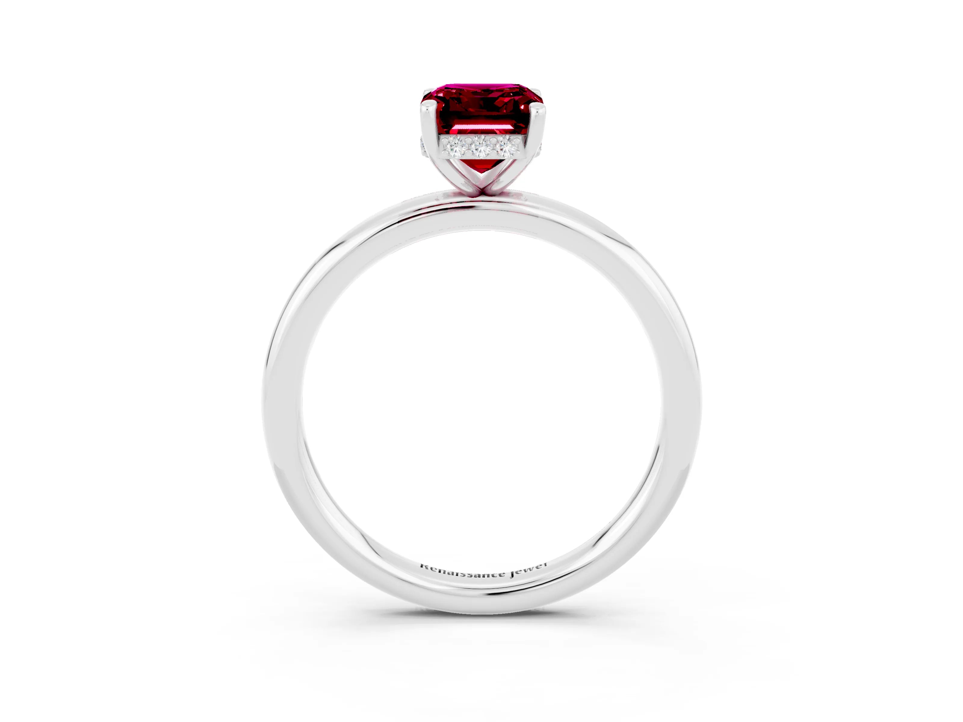 White gold Emerald Cut Garnet Solitaire Ring with Thin Band and Four-Prong Setting_15
