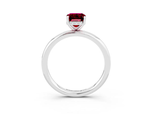 White gold Emerald Cut Garnet Solitaire Ring with Thin Band and Four-Prong Setting