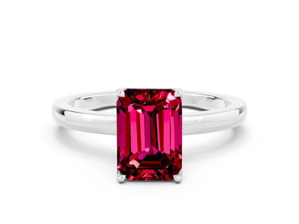 Platinum Emerald Cut Garnet Solitaire Ring with Thin Band and Prong Setting