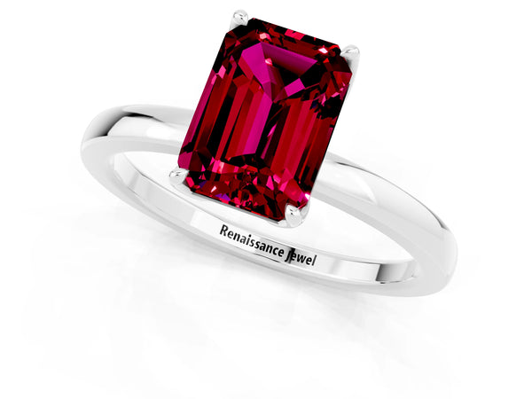 Platinum Emerald Cut Garnet Solitaire Ring with Thin Band and Prong Setting