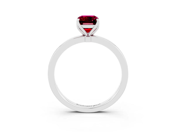 Platinum Emerald Cut Garnet Solitaire Ring with Thin Band and Prong Setting