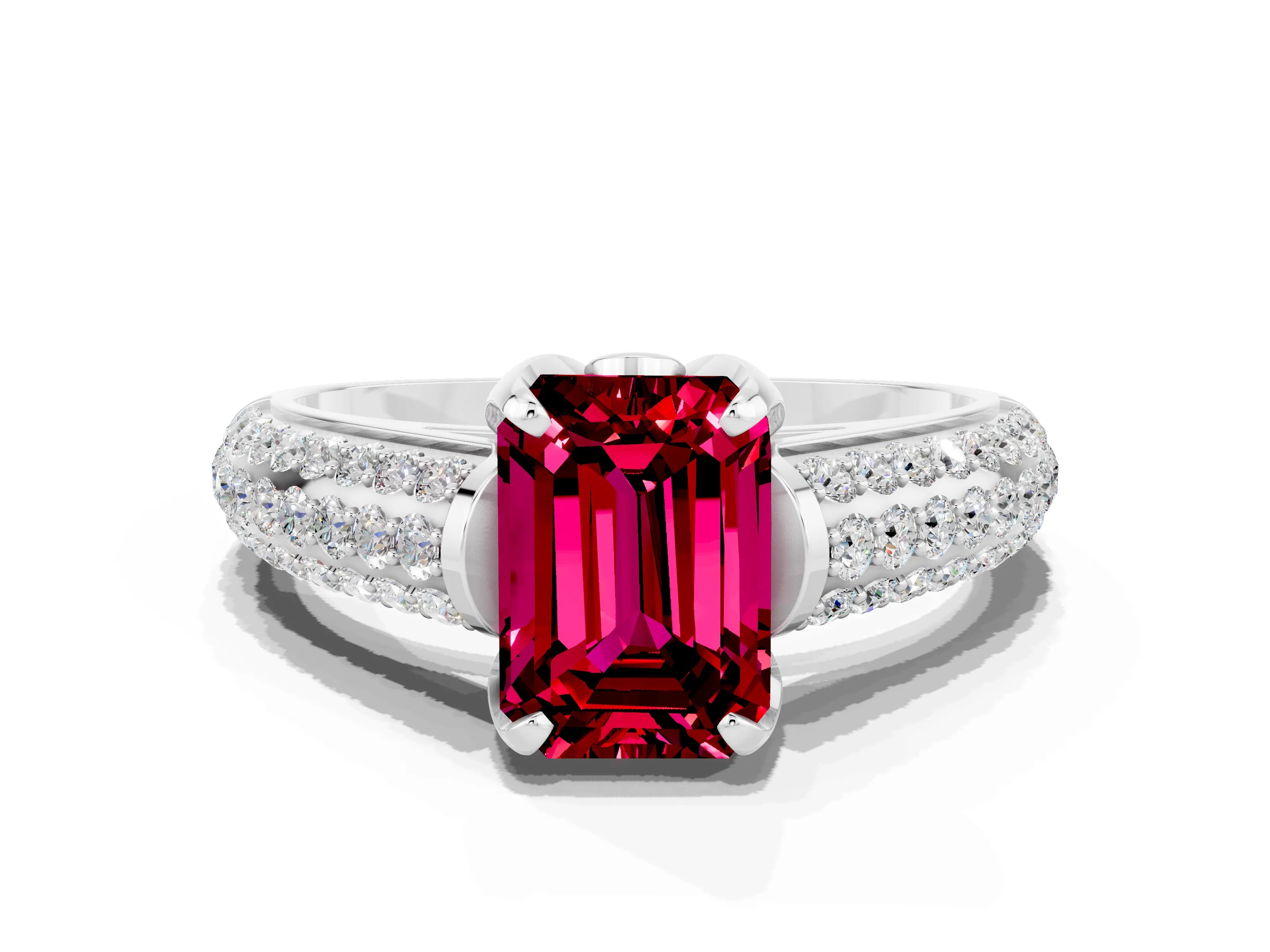 White gold Emerald Cut Garnet Solitaire Ring with Three-Row Pavé Band and Four-Prong Setting_12