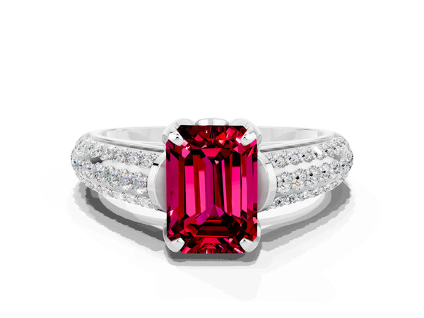 White gold Emerald Cut Garnet Solitaire Ring with Three-Row Pavé Band and Four-Prong Setting