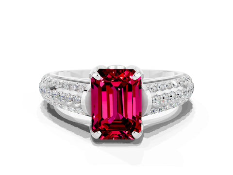 White gold Emerald Cut Garnet Solitaire Ring with Three-Row Pavé Band and Four-Prong Setting_12