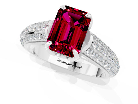 White gold Emerald Cut Garnet Solitaire Ring with Three-Row Pavé Band and Four-Prong Setting_13