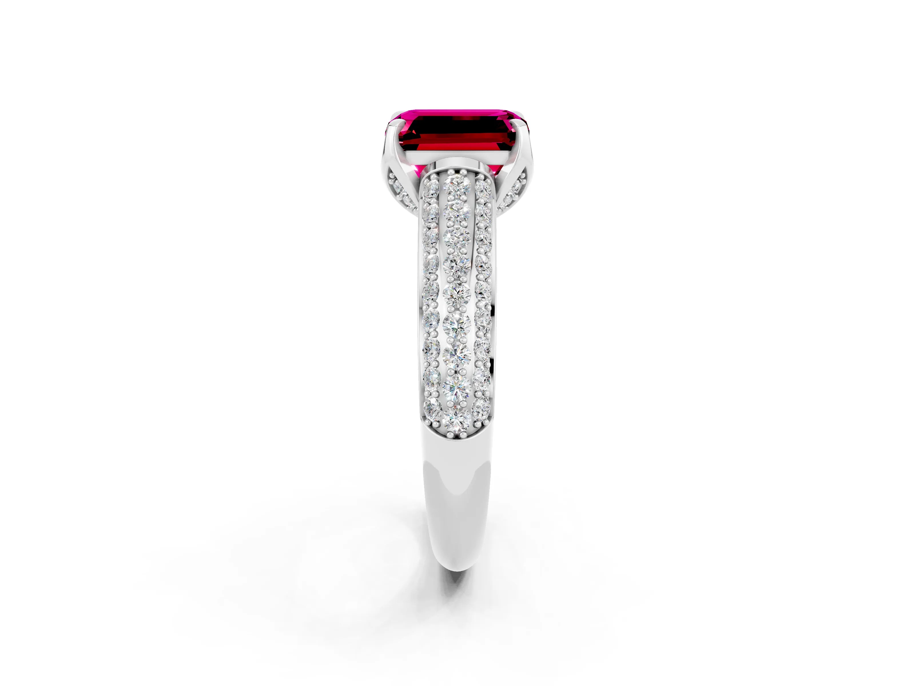 White gold Emerald Cut Garnet Solitaire Ring with Three-Row Pavé Band and Four-Prong Setting_14