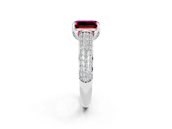 Silver Emerald Cut Garnet Solitaire Ring with Three-Row Pavé Band and Four-Prong Setting