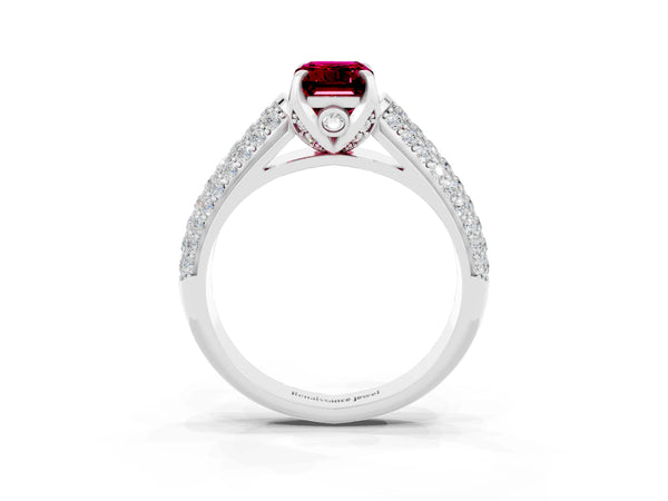 Platinum Emerald Cut Garnet Solitaire Ring with Three-Row Pavé Band and Four-Prong Setting