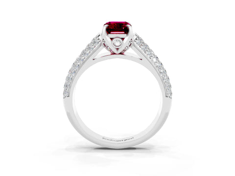 White gold Emerald Cut Garnet Solitaire Ring with Three-Row Pavé Band and Four-Prong Setting_15