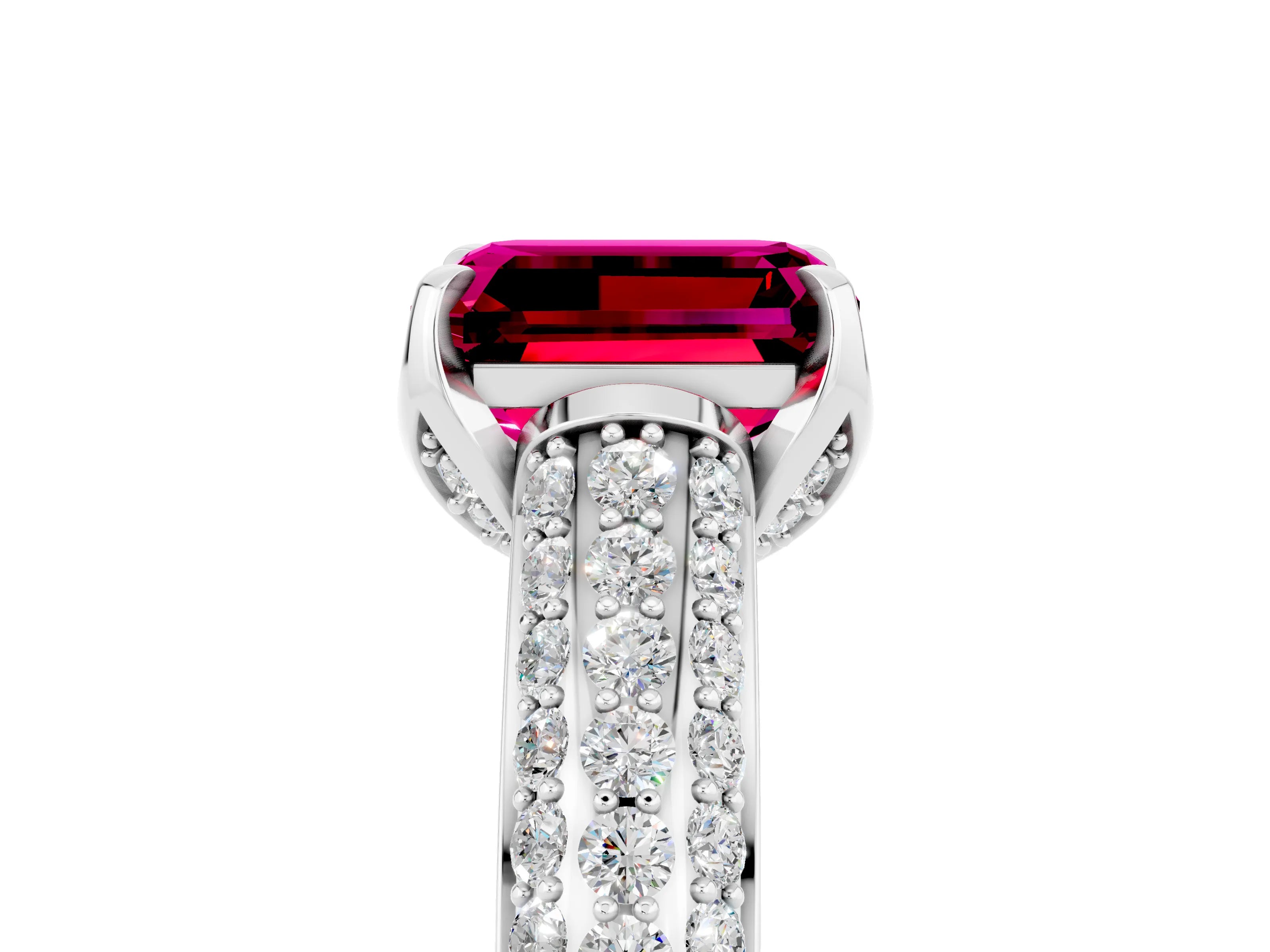 White gold Emerald Cut Garnet Solitaire Ring with Three-Row Pavé Band and Four-Prong Setting_17