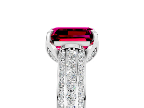 White gold Emerald Cut Garnet Solitaire Ring with Three-Row Pavé Band and Four-Prong Setting_17