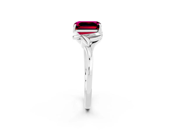 Silver Emerald Cut Garnet Solitaire Ring with Twist Band and Four-Prong Setting