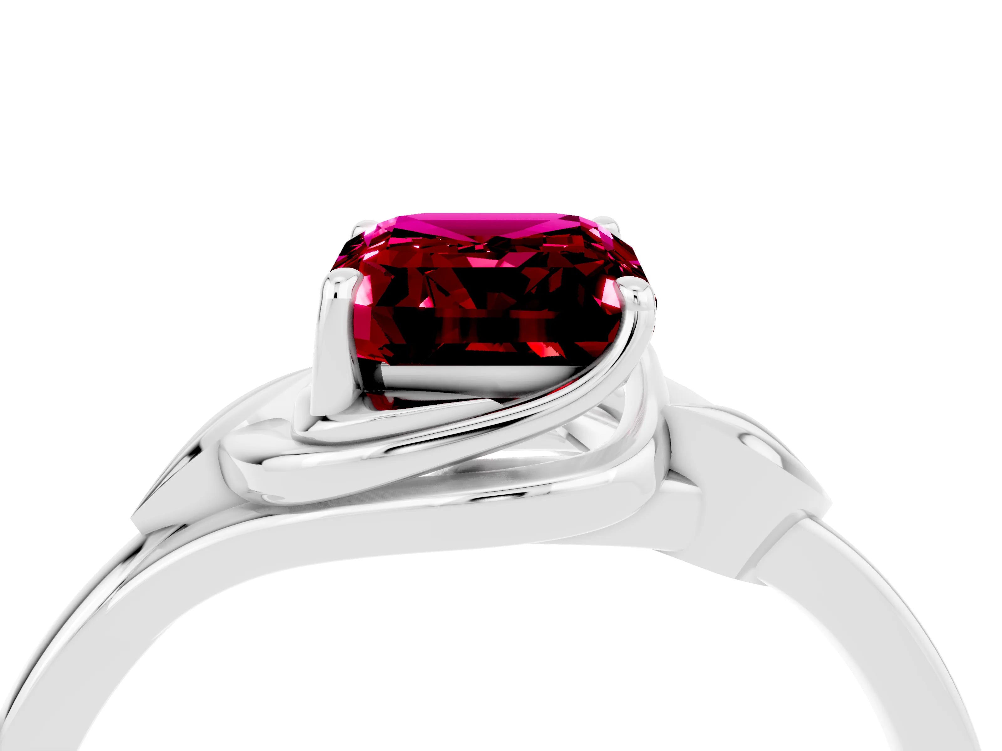White gold Emerald Cut Garnet Solitaire Ring with Twist Band and Four-Prong Setting_16
