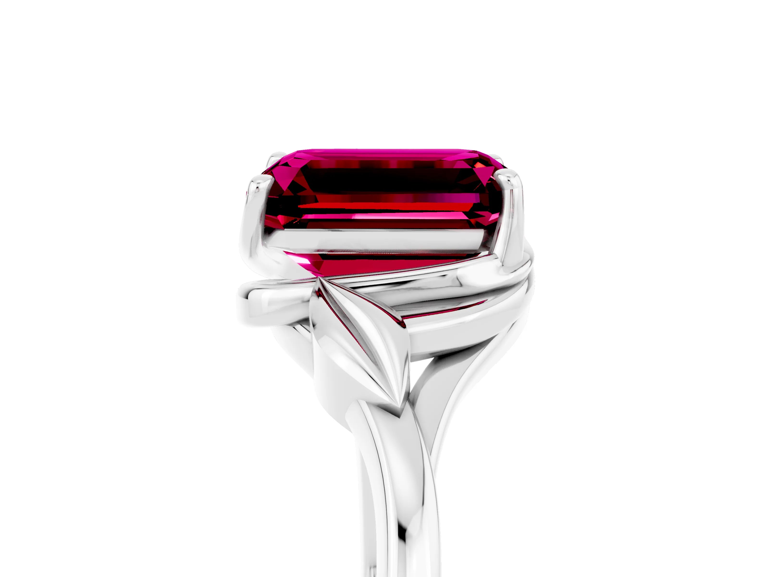White gold Emerald Cut Garnet Solitaire Ring with Twist Band and Four-Prong Setting_17
