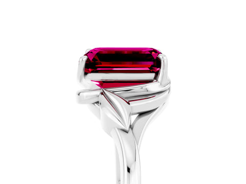 White gold Emerald Cut Garnet Solitaire Ring with Twist Band and Four-Prong Setting_17