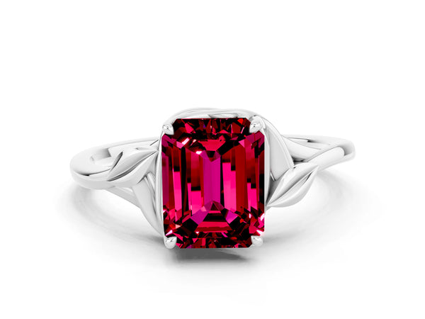 White gold Emerald Cut Garnet Solitaire Ring with Twist Band and Four-Prong Setting