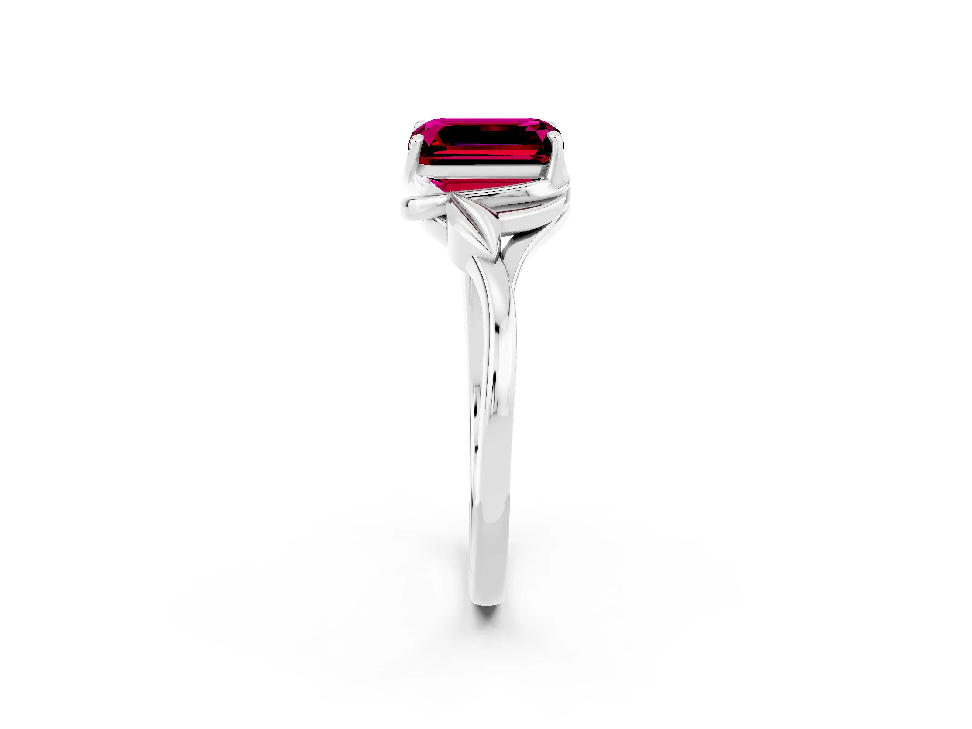 White gold Emerald Cut Garnet Solitaire Ring with Twist Band and Four-Prong Setting_38