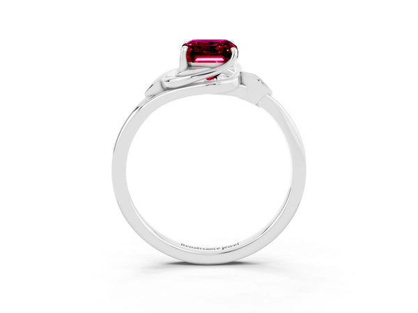 White gold Emerald Cut Garnet Solitaire Ring with Twist Band and Four-Prong Setting