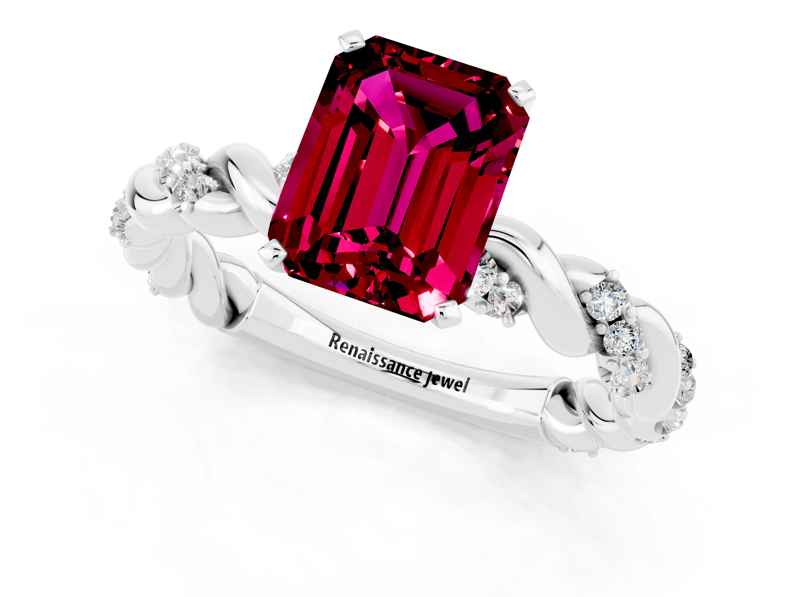 White gold Emerald Cut Garnet Solitaire Ring with Twisted Band and Pavé Accents_1