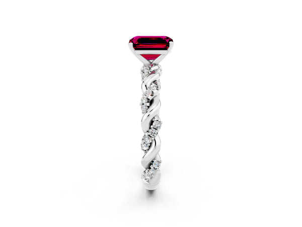 Silver Emerald Cut Garnet Solitaire Ring with Twisted Band and Pavé Accents