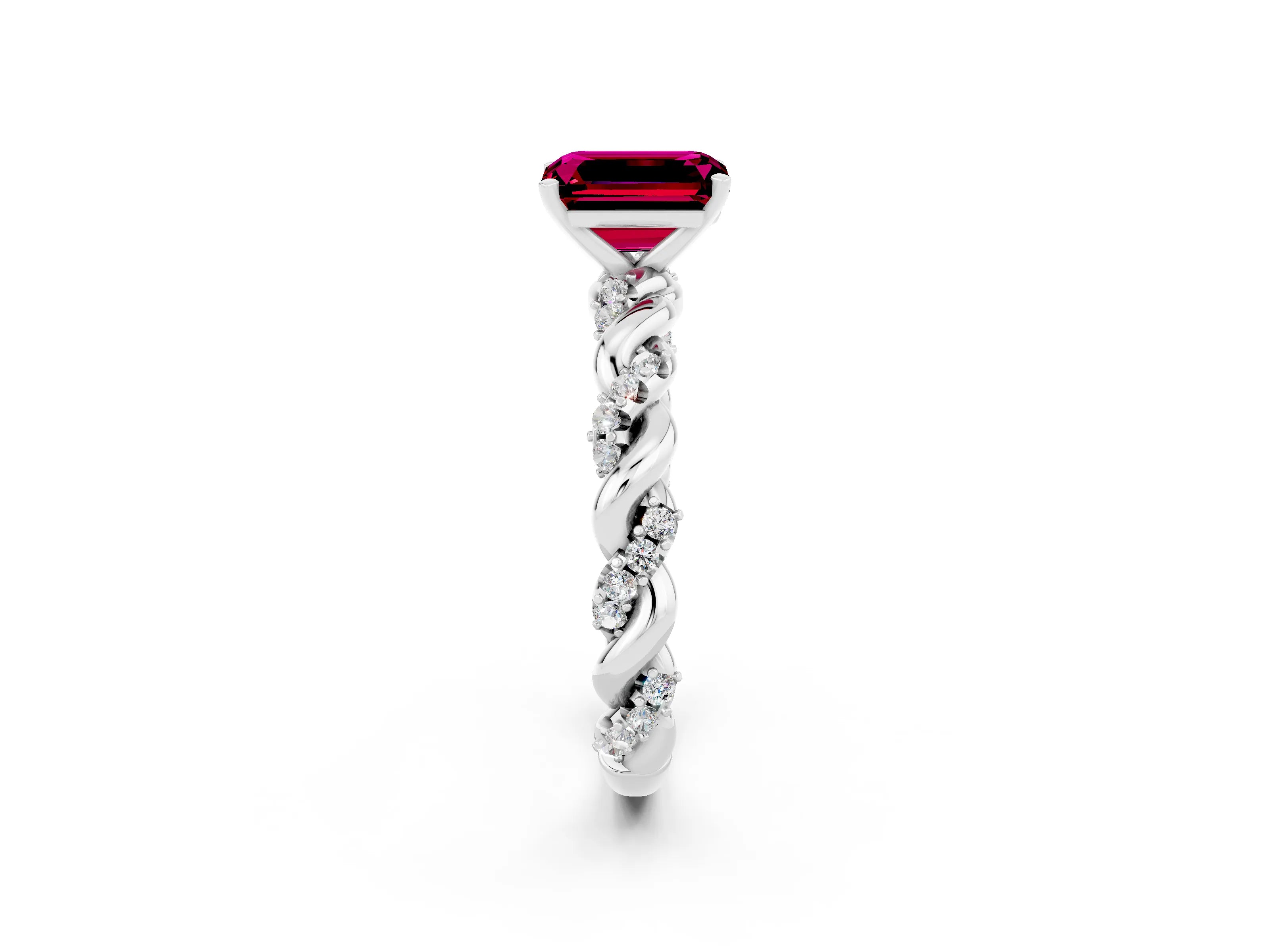 White gold Emerald Cut Garnet Solitaire Ring with Twisted Band and Pavé Accents_2