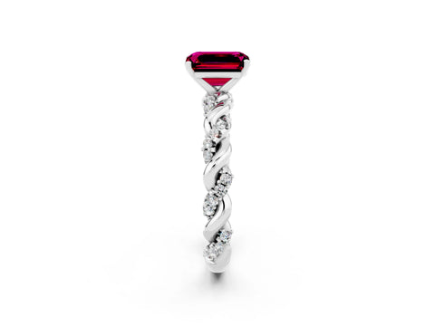 White gold Emerald Cut Garnet Solitaire Ring with Twisted Band and Pavé Accents_2