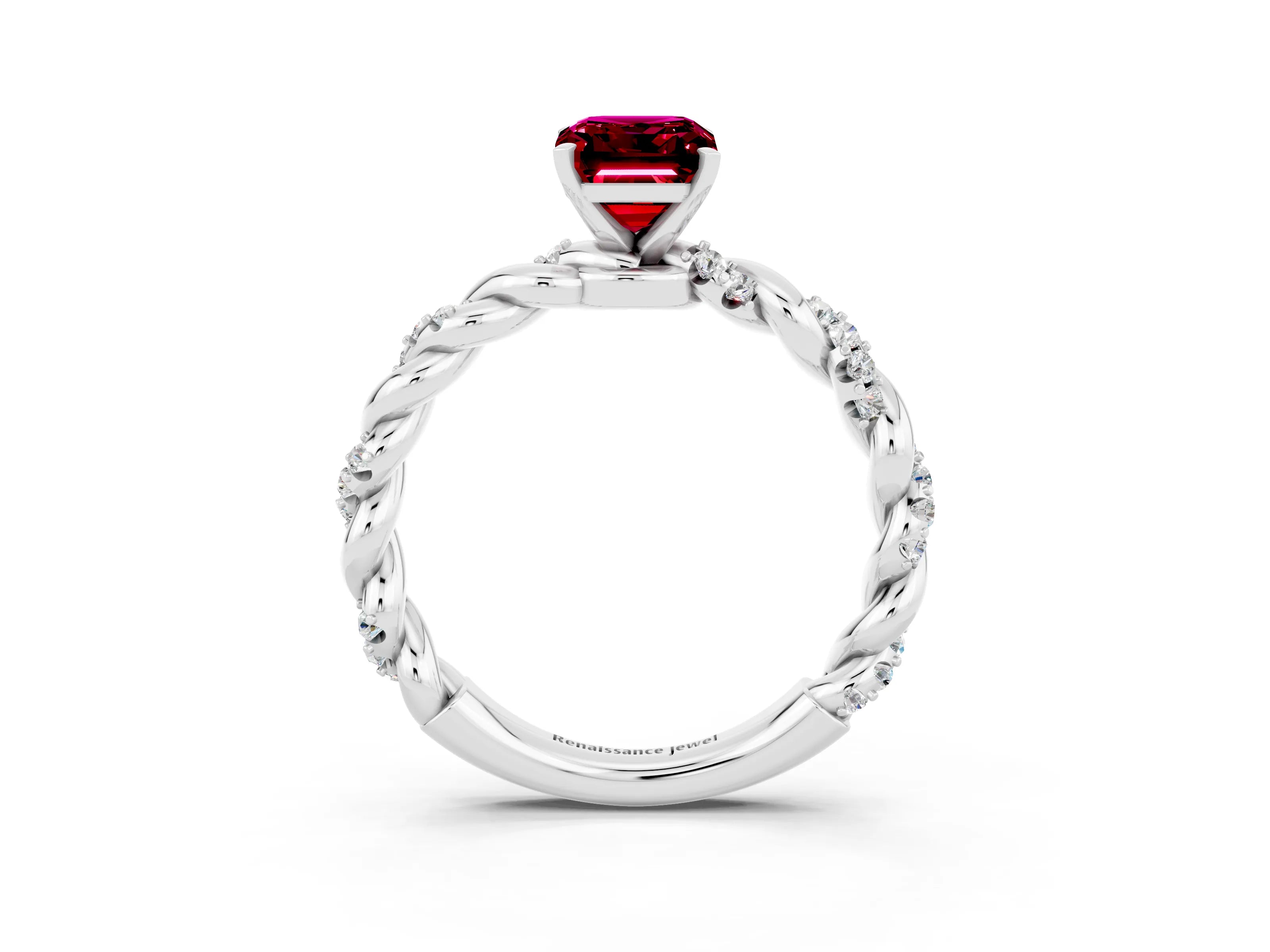 White gold Emerald Cut Garnet Solitaire Ring with Twisted Band and Pavé Accents_3
