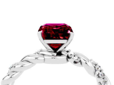 White gold Emerald Cut Garnet Solitaire Ring with Twisted Band and Pavé Accents_4