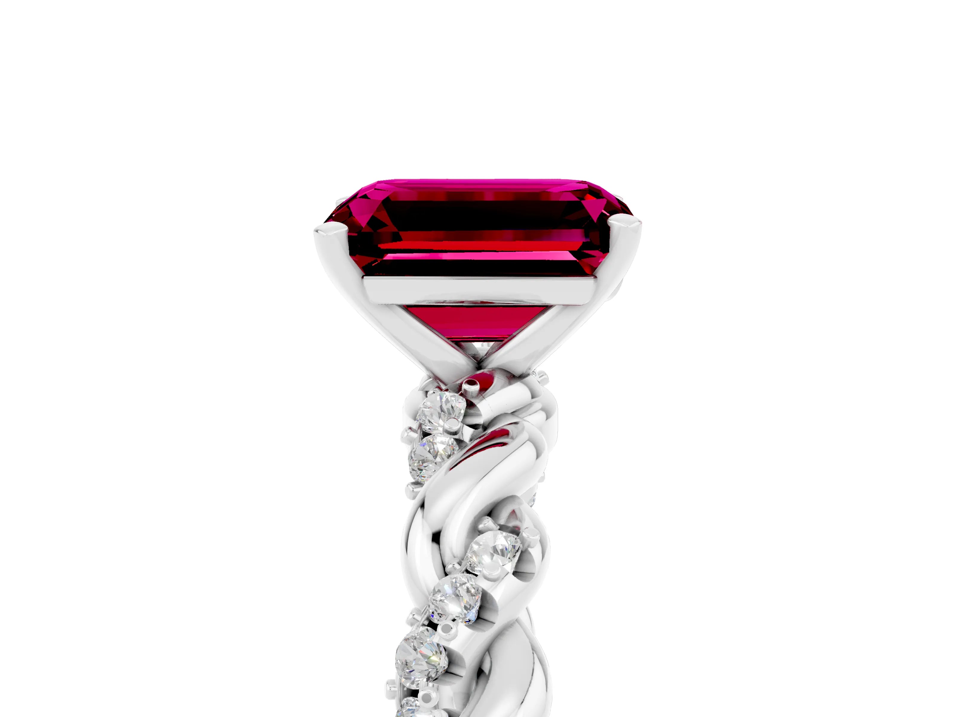 White gold Emerald Cut Garnet Solitaire Ring with Twisted Band and Pavé Accents_5