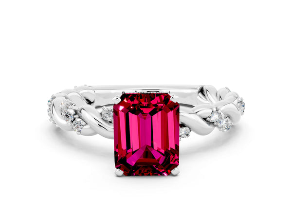 Silver Emerald Cut Garnet Solitaire Ring with Twisted Band and Pavé Accents