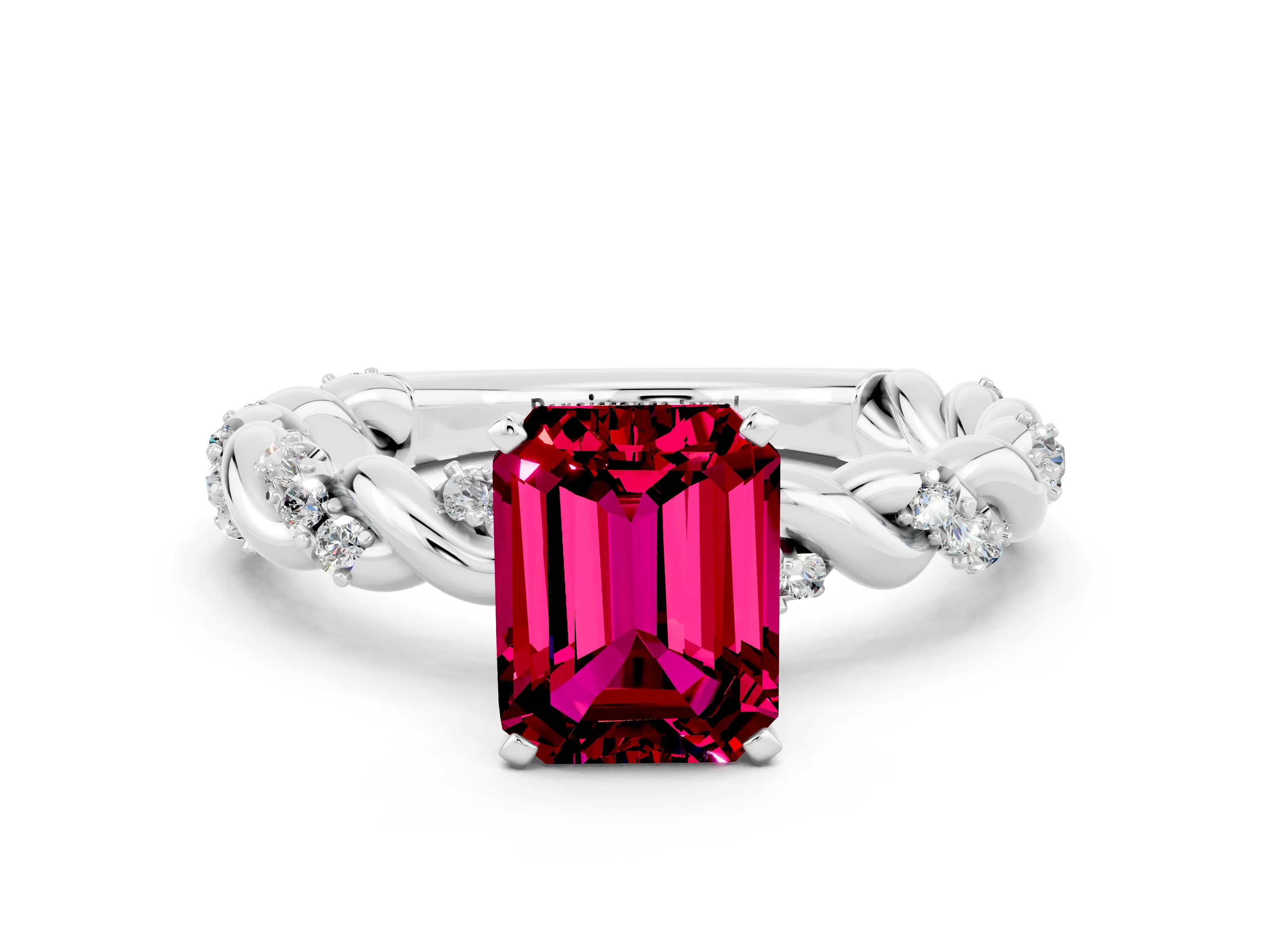 White gold Emerald Cut Garnet Solitaire Ring with Twisted Band and Pavé Accents