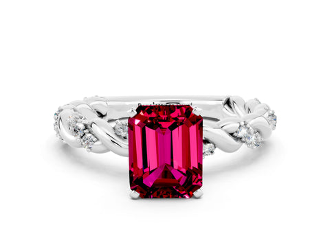 White gold Emerald Cut Garnet Solitaire Ring with Twisted Band and Pavé Accents