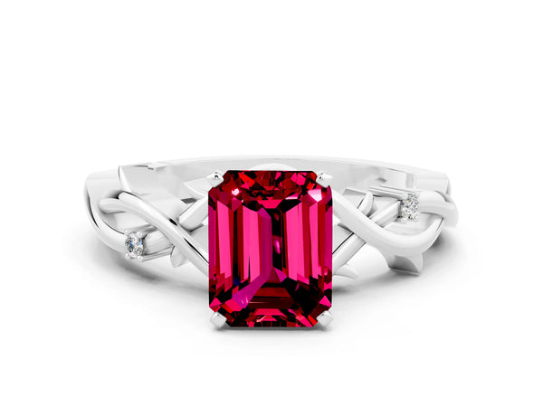 Platinum Emerald Cut Garnet Solitaire Ring with Twisted Band and Prong Setting