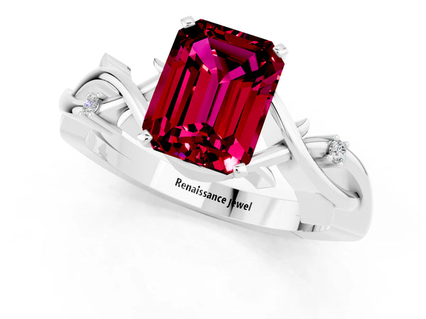 Platinum Emerald Cut Garnet Solitaire Ring with Twisted Band and Prong Setting