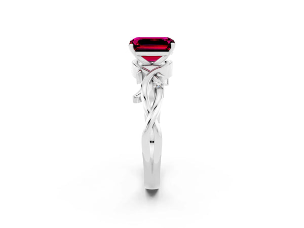 White gold Emerald Cut Garnet Solitaire Ring with Twisted Band and Prong Setting