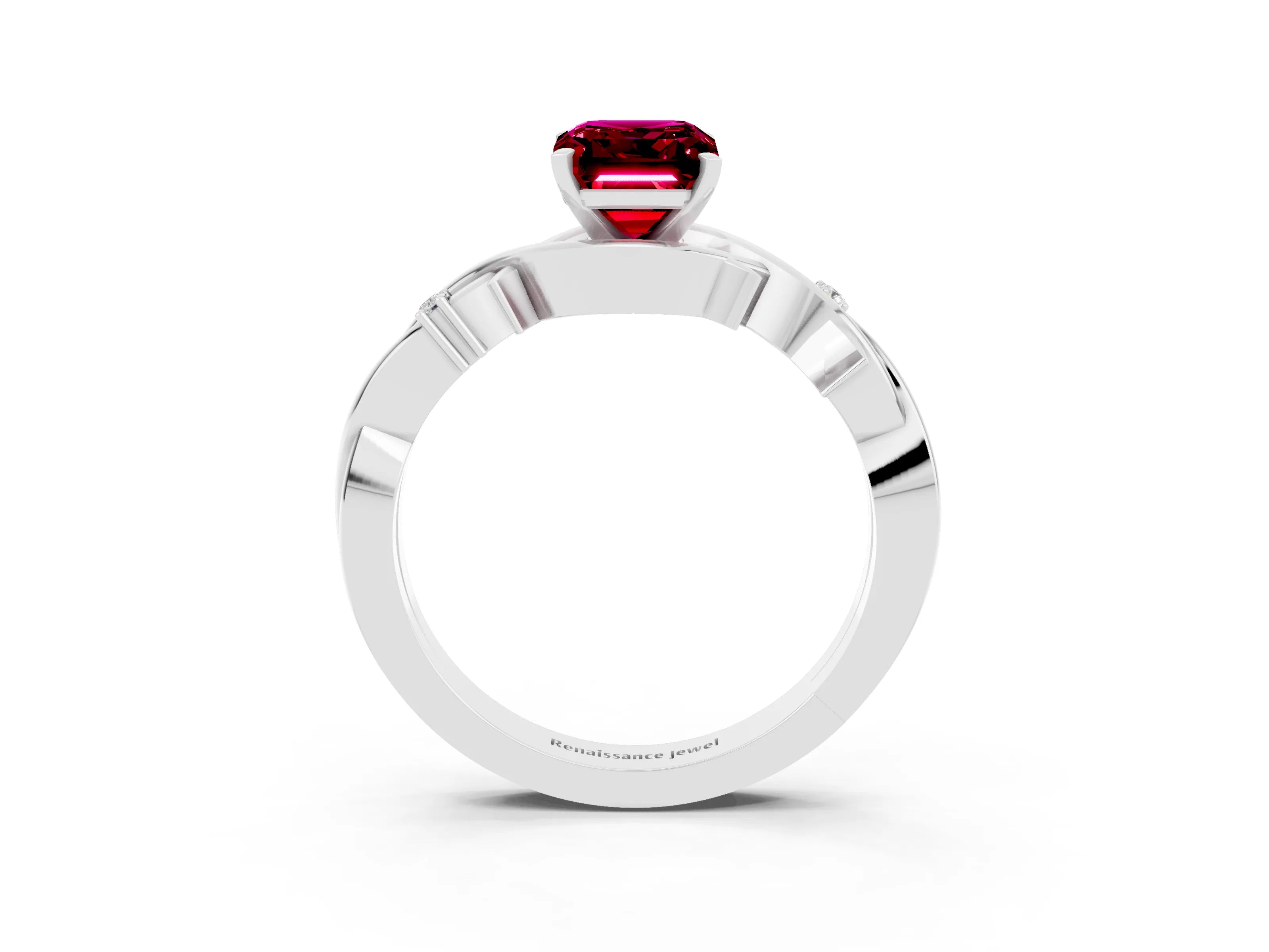 White gold Emerald Cut Garnet Solitaire Ring with Twisted Band and Prong Setting_15