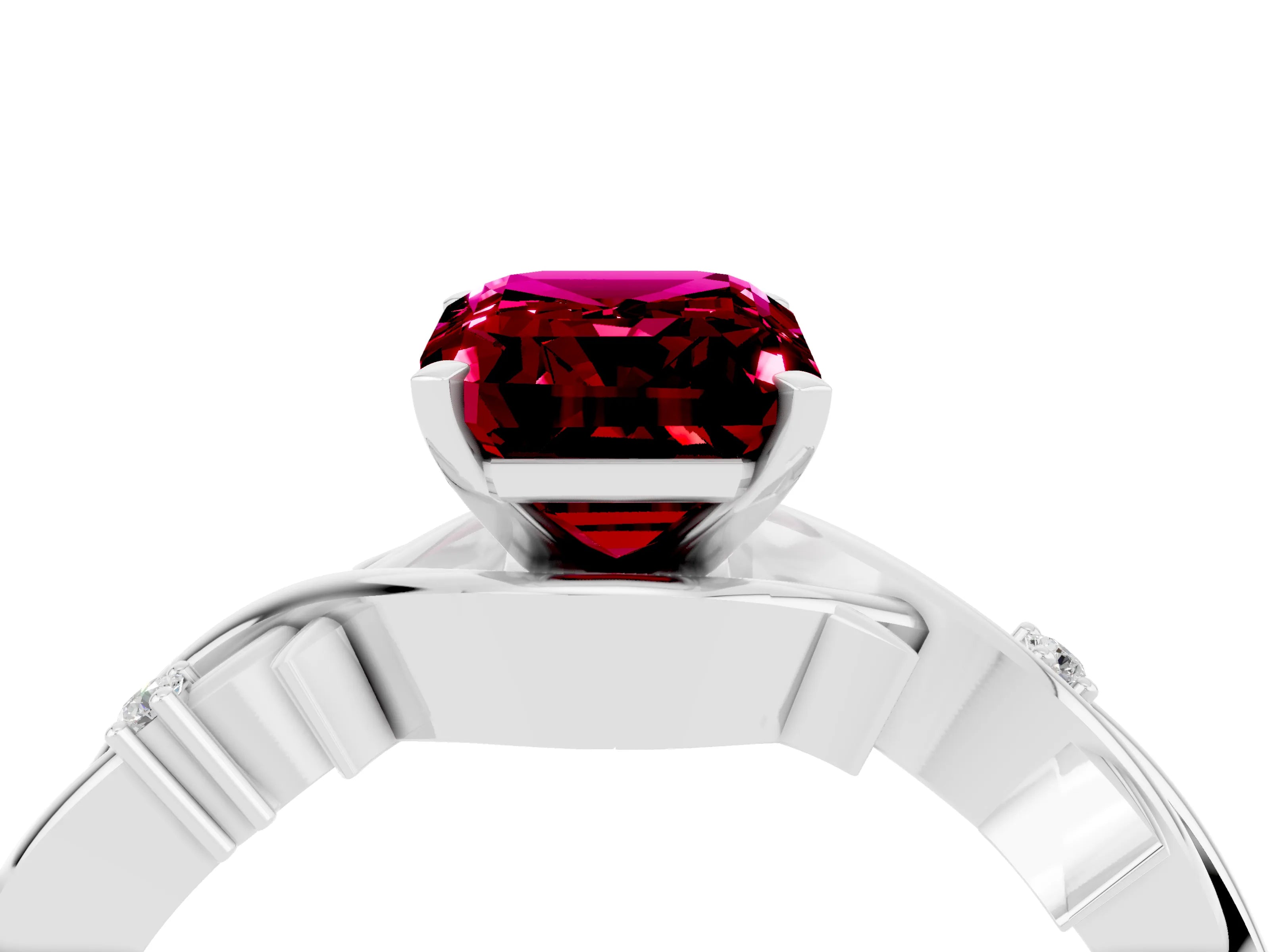 White gold Emerald Cut Garnet Solitaire Ring with Twisted Band and Prong Setting_16