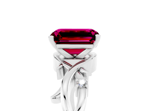 White gold Emerald Cut Garnet Solitaire Ring with Twisted Band and Prong Setting_17