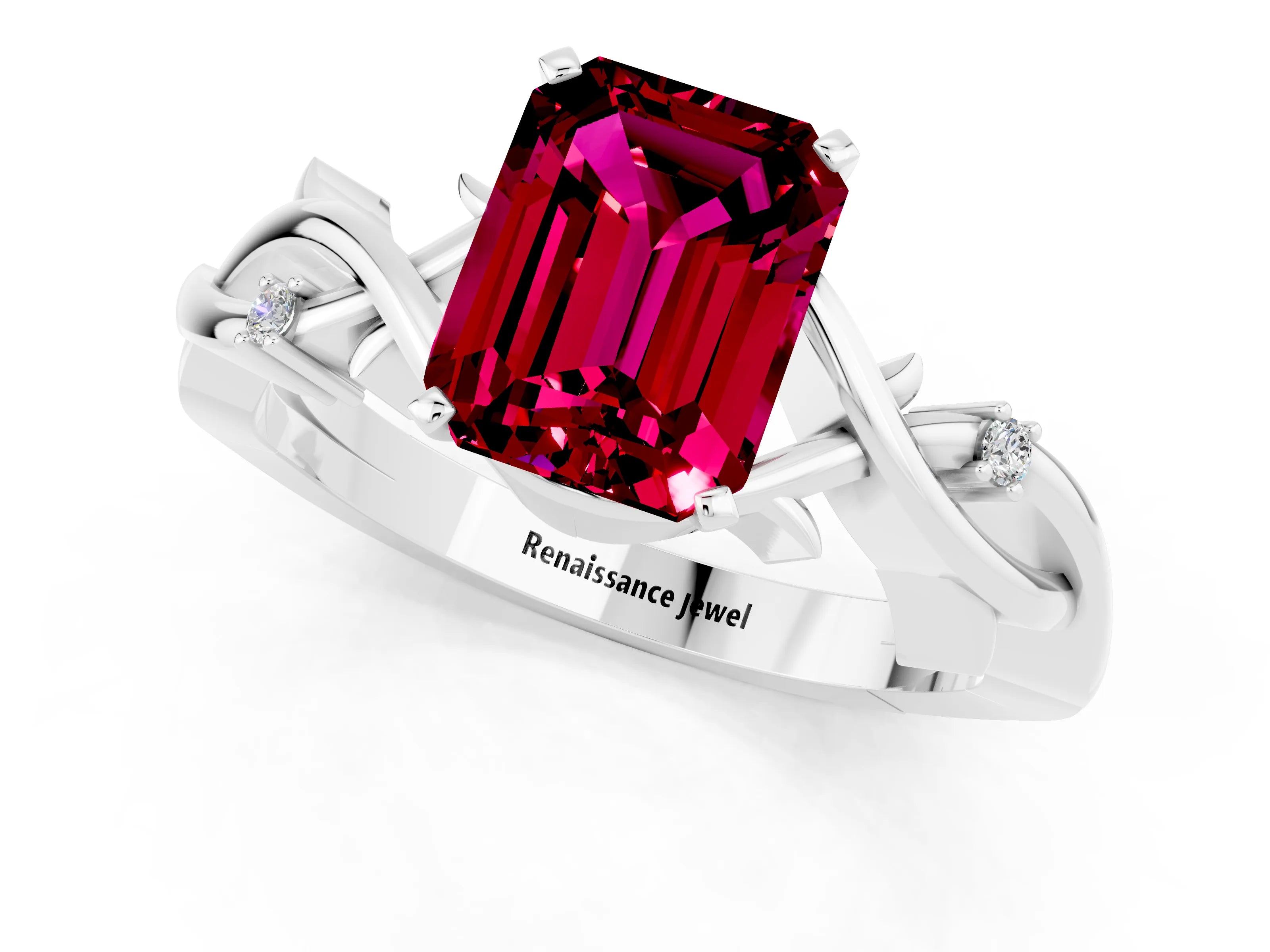 White gold Emerald Cut Garnet Solitaire Ring with Twisted Band and Prong Setting_1