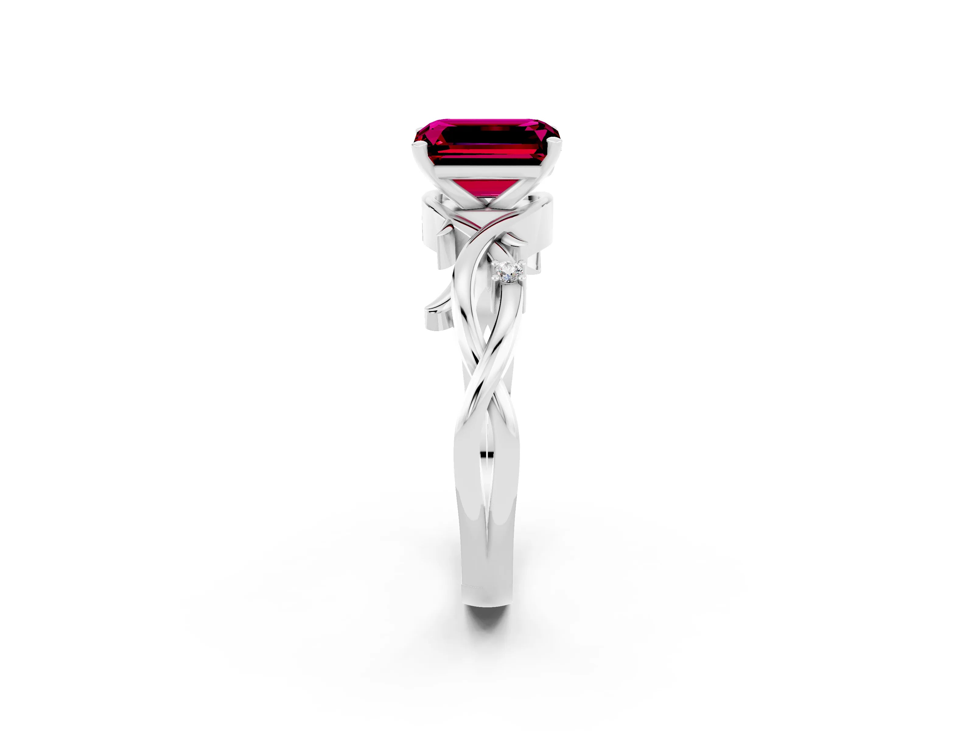 White gold Emerald Cut Garnet Solitaire Ring with Twisted Band and Prong Setting_2