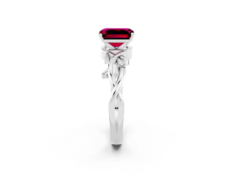 White gold Emerald Cut Garnet Solitaire Ring with Twisted Band and Prong Setting_2