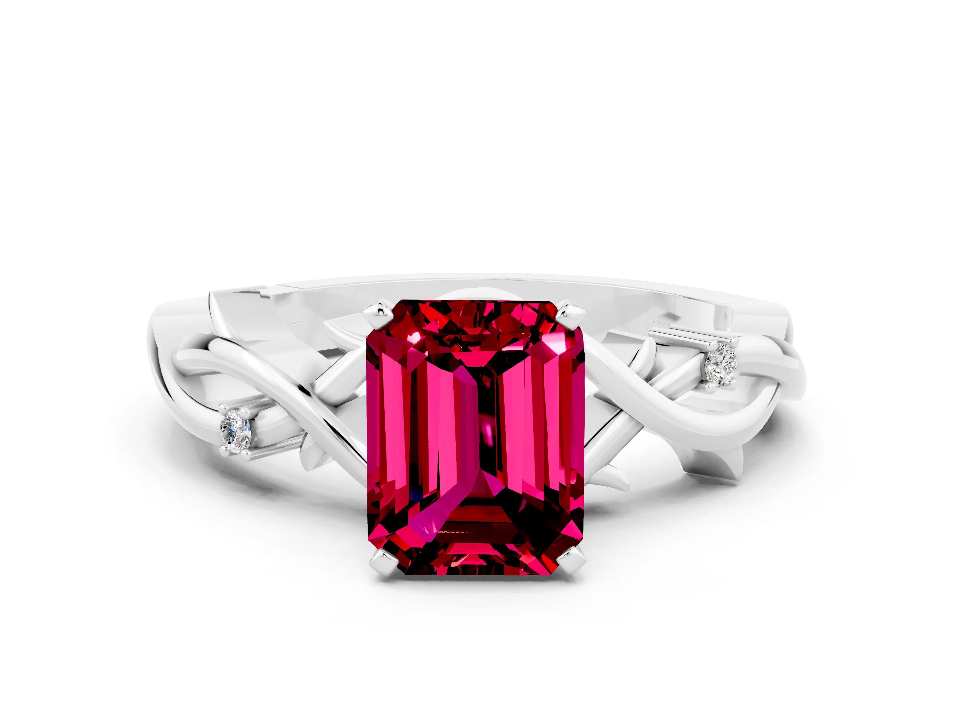 White gold Emerald Cut Garnet Solitaire Ring with Twisted Band and Prong Setting