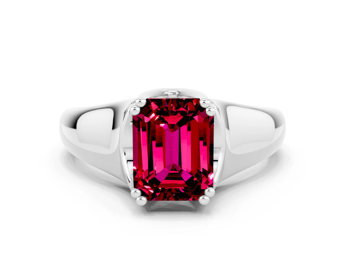 White gold Emerald Cut Garnet Solitaire Ring with Wide Band and Prong Setting